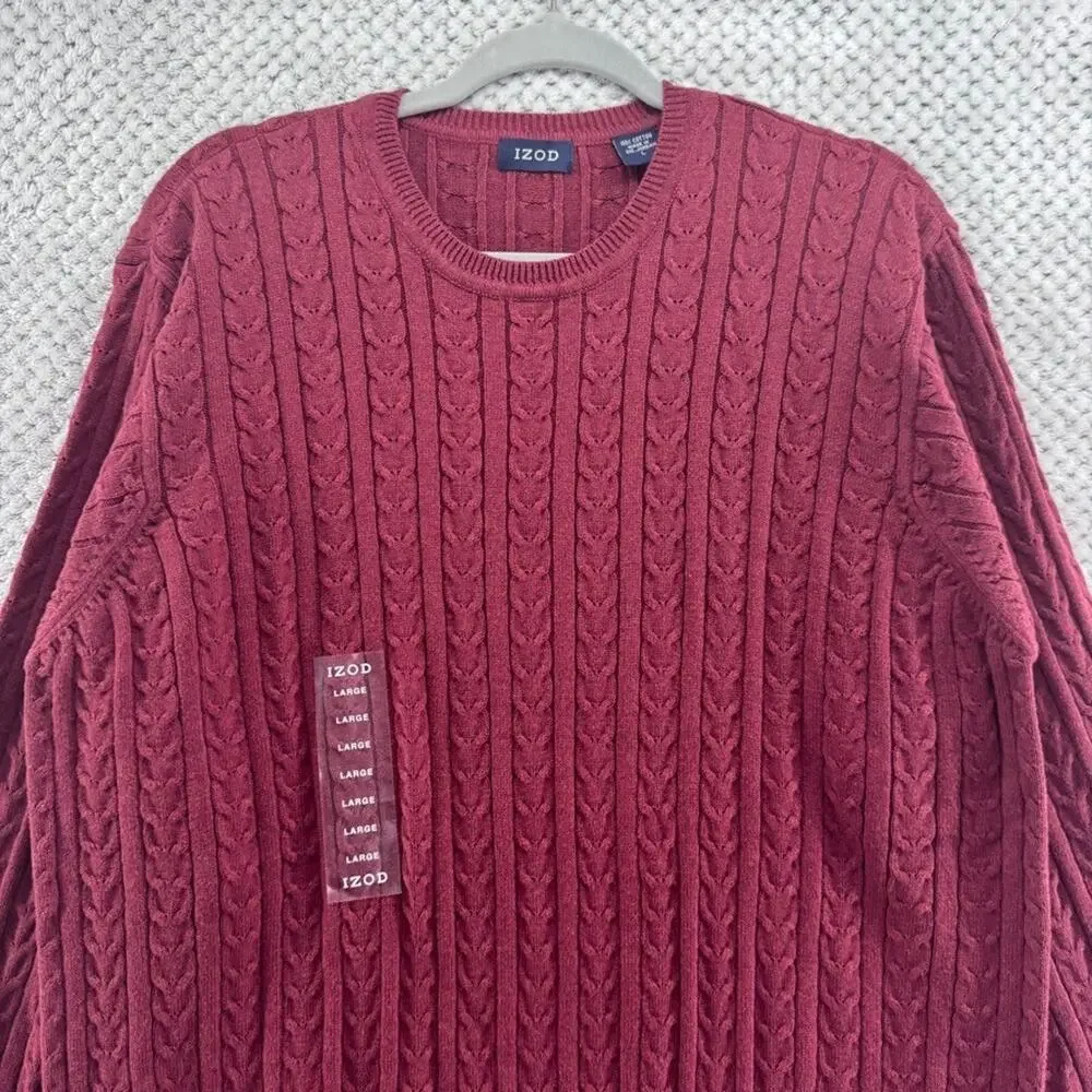 IZOD Sweater Mens L Burgundy Red Cotton Cable Knit Crew Neck Preppy Casual